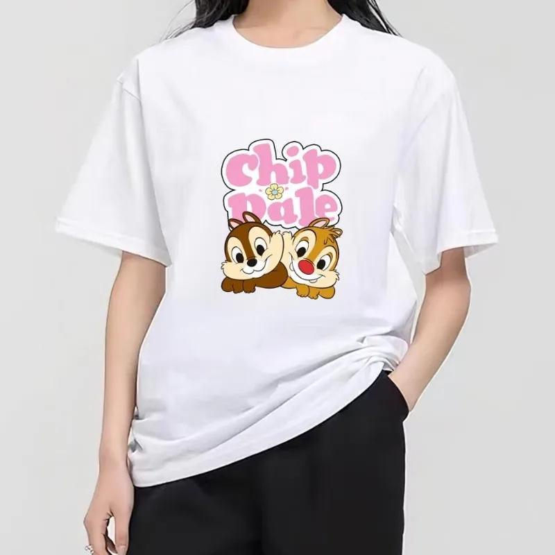 MINISO Disney Chip 'n' Dale T Shirt wanita pasangan kombinasi pakaian lengan pendek kerah Fashion pria katun