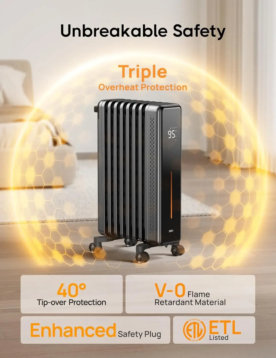 Radiator Heater, 7 Safety Protection Oil Filled Radiator Heater for Indoor Use, 1500W Electric Heaters for Large Room