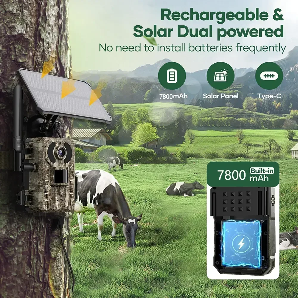 4G LTE Cellular Trail Camera 8K 48MP Game Camera with Solar Panel No Glow Night Vision Motion Activated IP66 Waterproof, 98ft 130° Hunting Cam Cell Phone App for Outdoor Wildlife Deer Monitoring