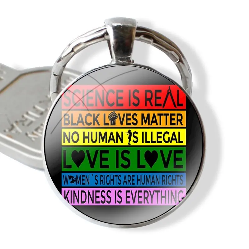 Keychain Handmade Glass Cabochon Key Ring Holder Pendant Key Chains Science Is Real No Human Is Illegal Bl