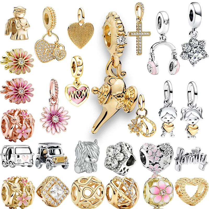 

Original Charm Beads Two-tone Adventure Car&Lucky Clover Wishbone&Horseshoe Dangle Bead Fit Pendant Bracelet Women Jewelry Gift