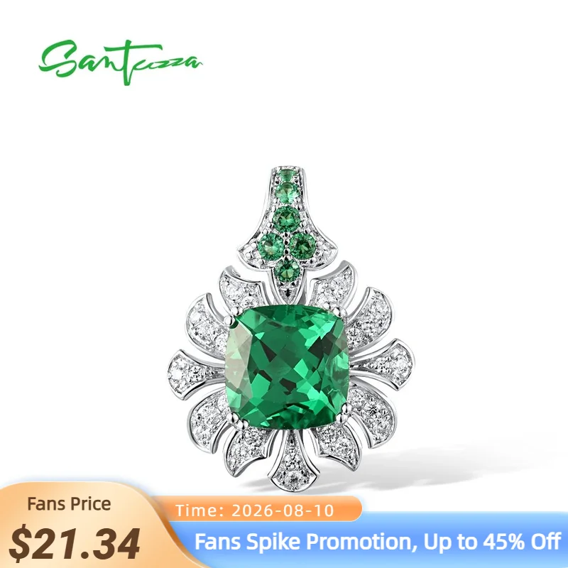 SANTUZZA Pure 925 Sterling Silver Pendant For Women Sparkling Square Green Spinel White CZ Flower Luxury Fashion Fine Jewelry