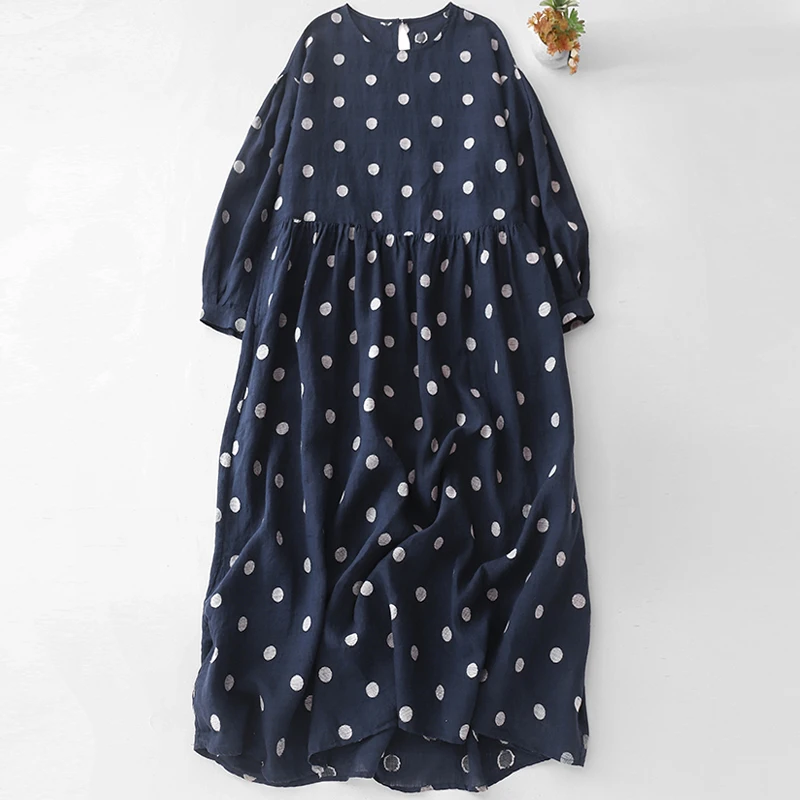 Blue cotton and linen polka dot long-sleeved French dress women 2024 spring and fall new literary retro loose temperament elegan