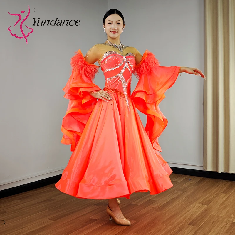 B-25093 Yundance حجر الراين وصول جديد القياسية الدولية قاعة الرقص فستان جودة عالية لهب فستان من الشيفون الساتان #4