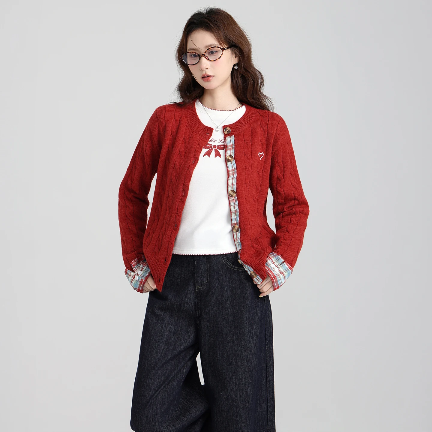 Chaqueta tipo suéter de punto a cuadros bordada con cuello redondo para mujer, Top exterior holgado para Otoño/Invierno