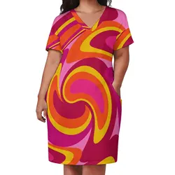 Vestido casual moderno de meados do século, verão, design retrô, vestidos elegantes, feminino, gola em v, gráfico, moda coreana, plus size 3xl 4xl