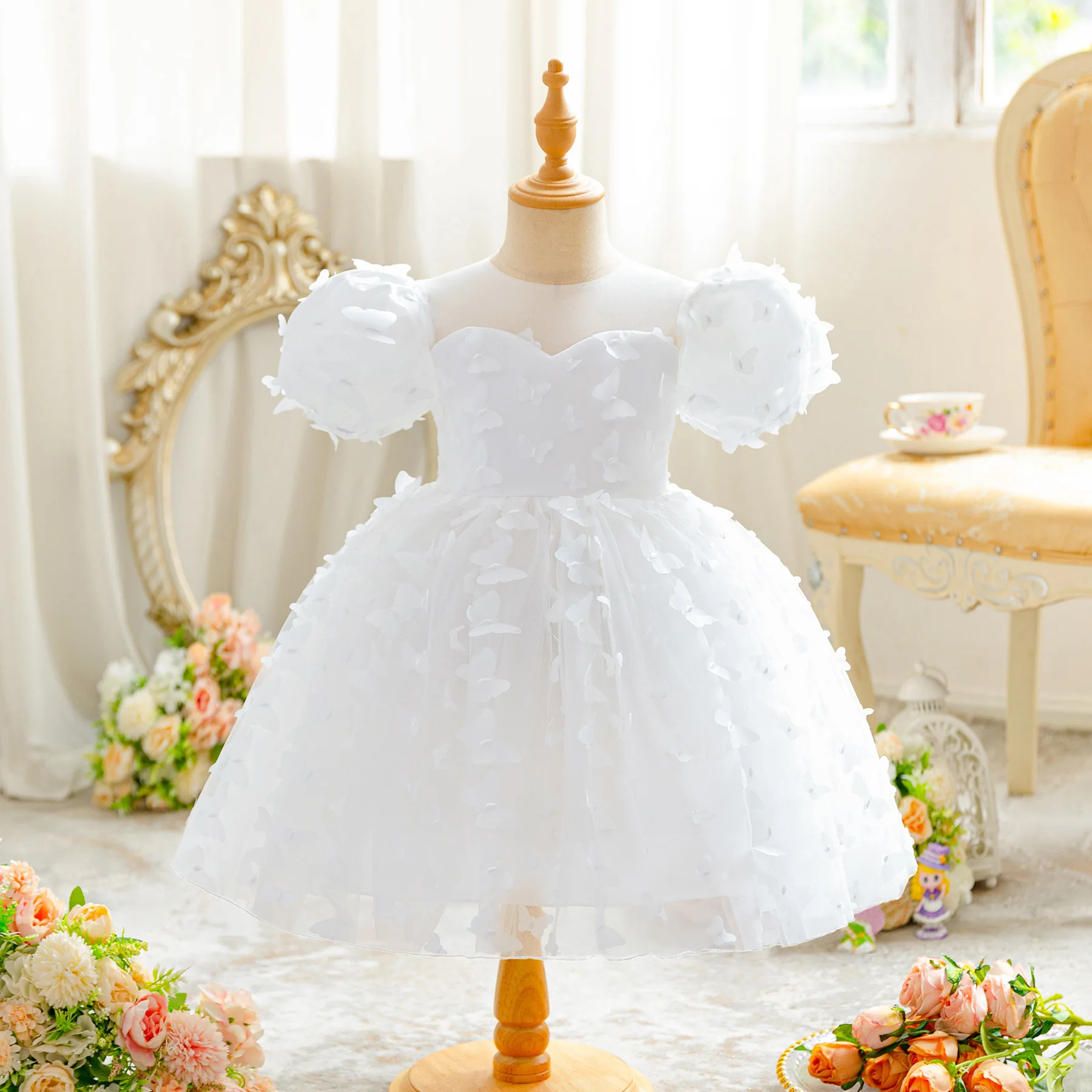 New Girl Dress White Wedding Bubble Bubble Sleeve Princess Skirt Children\'s Butterfly Embroidery Birthday Party Dress 3-10 years