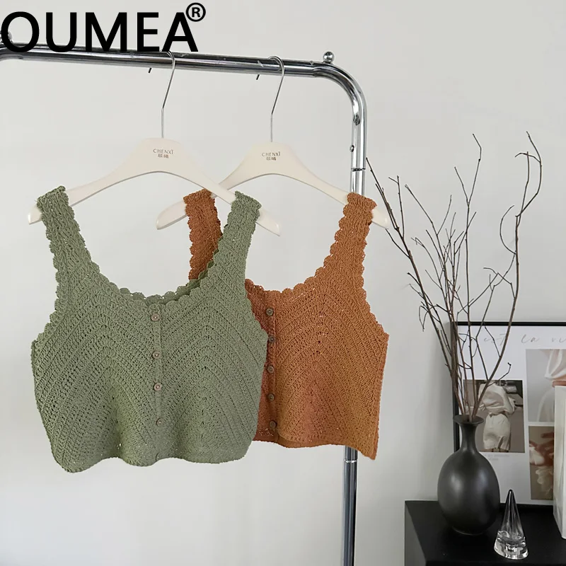 OUMEA Women Summer Knitting Cotton Crochet Beach Tank Tops Sleeveless Casual Knitting Tops Buttons Front Cute Korean Tops