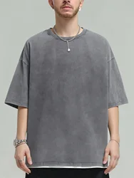 300grmas 10.58oz Heavy Weight Vintage Washed Old Loose Cotton Tee Short Sleeved T Shirt for Men and Women Summer