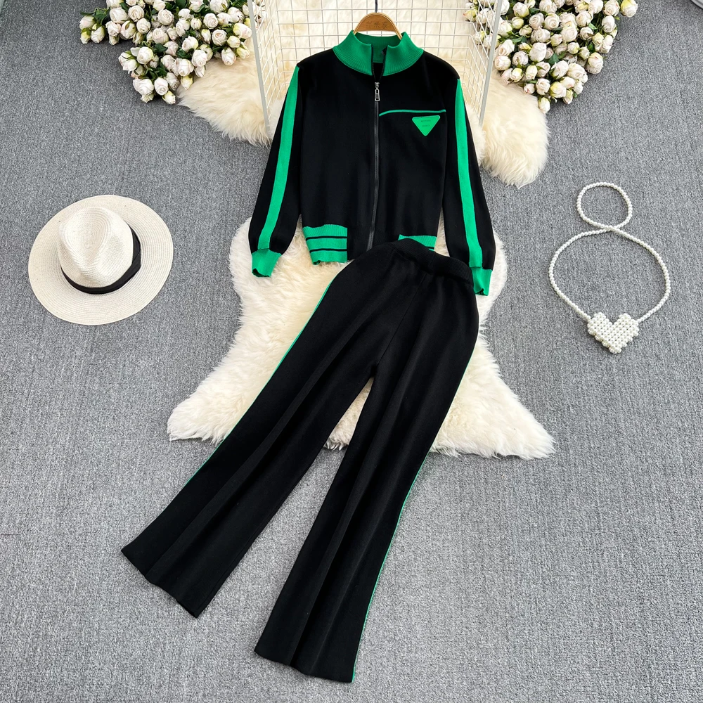 Sports Set 2023 Autumn Women\'s Stand Neck Contrast Zipper Cardigan Coat High Waist Wide Leg Pants Fashion Casual Two Piece Set