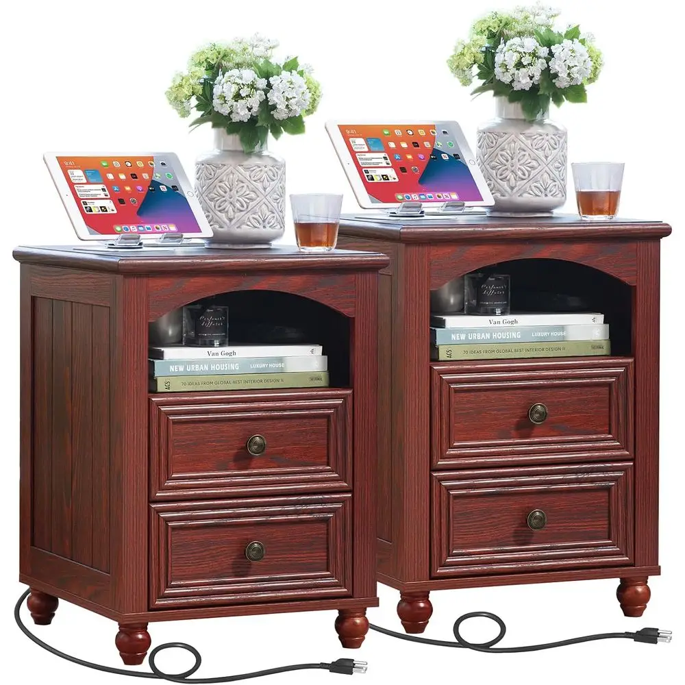 

2-Piece Wooden Nightstand Set with Charging Station and Storage Drawers for Bedroom and Living Room