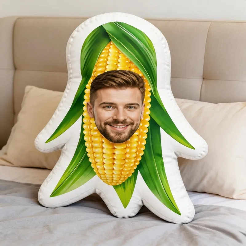 Custom Face Corn Shaped Pillow, Funny Personalized Photo Decorative Cushion with Smiling Man Portrait, Unique Home Decor Accent