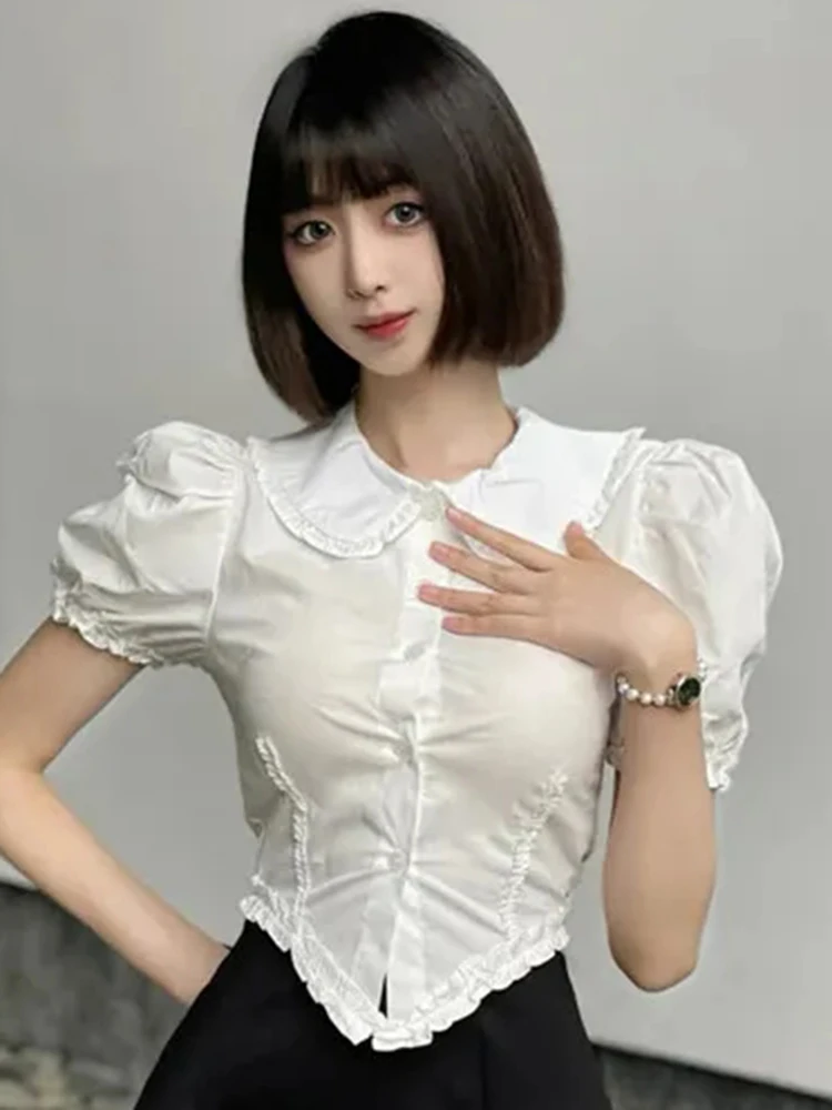 

Y2K Preppy Style Shirts Women Summer Elegant Sweet Ruffles Slim Blouse Cute Puff Sleeve Folds Lady White Tops New