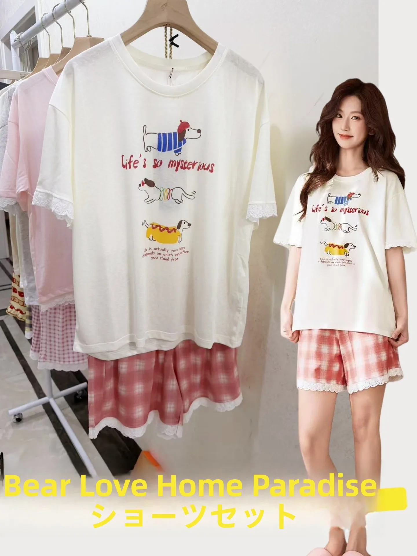 sweet-snowflake-cotton-summer-home-clothes-short-sleeve-short-pants-lace-plaid-country-girl-style-loose-fit-home-sleepwear