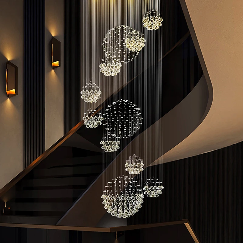

Duplex Loft Staircase Crystal Chandelier, Rotating Pendant Villa Hotel Lighting, Ceiling Light Luxury Decoration