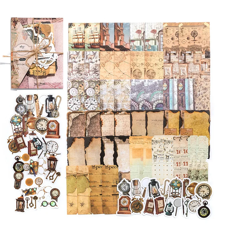 100 قطعة من الملصقات المختلطة على الطراز العتيق ومجموعة ورق المواد، نمط الأزهار/الساعة الرجعية، لمجلة سكرابوكينغ DIY ألبوم ديكور #6