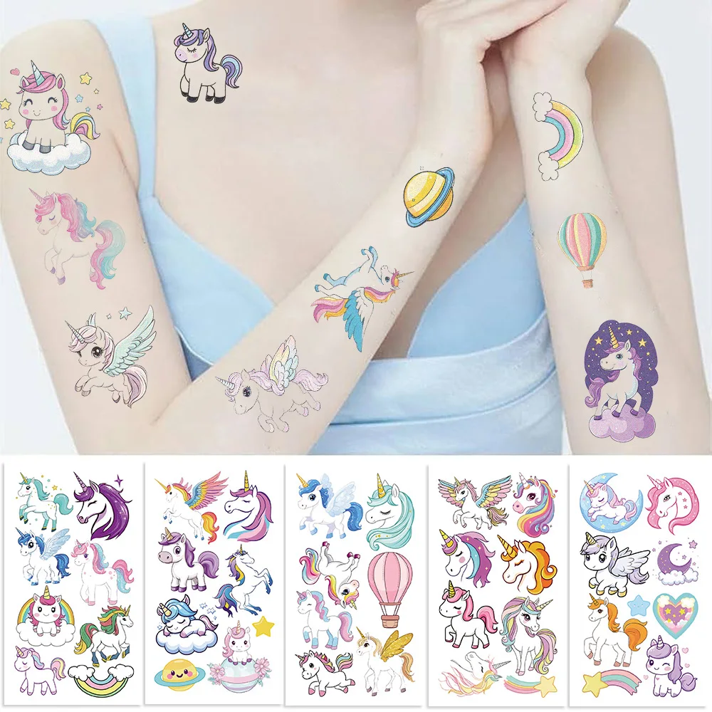 Mainan stiker tato menyala dalam gelap, stiker mainan anak, stiker hadiah pesta lucu Unicorn, dekorasi grafiti hewan tahan air 10 lembar