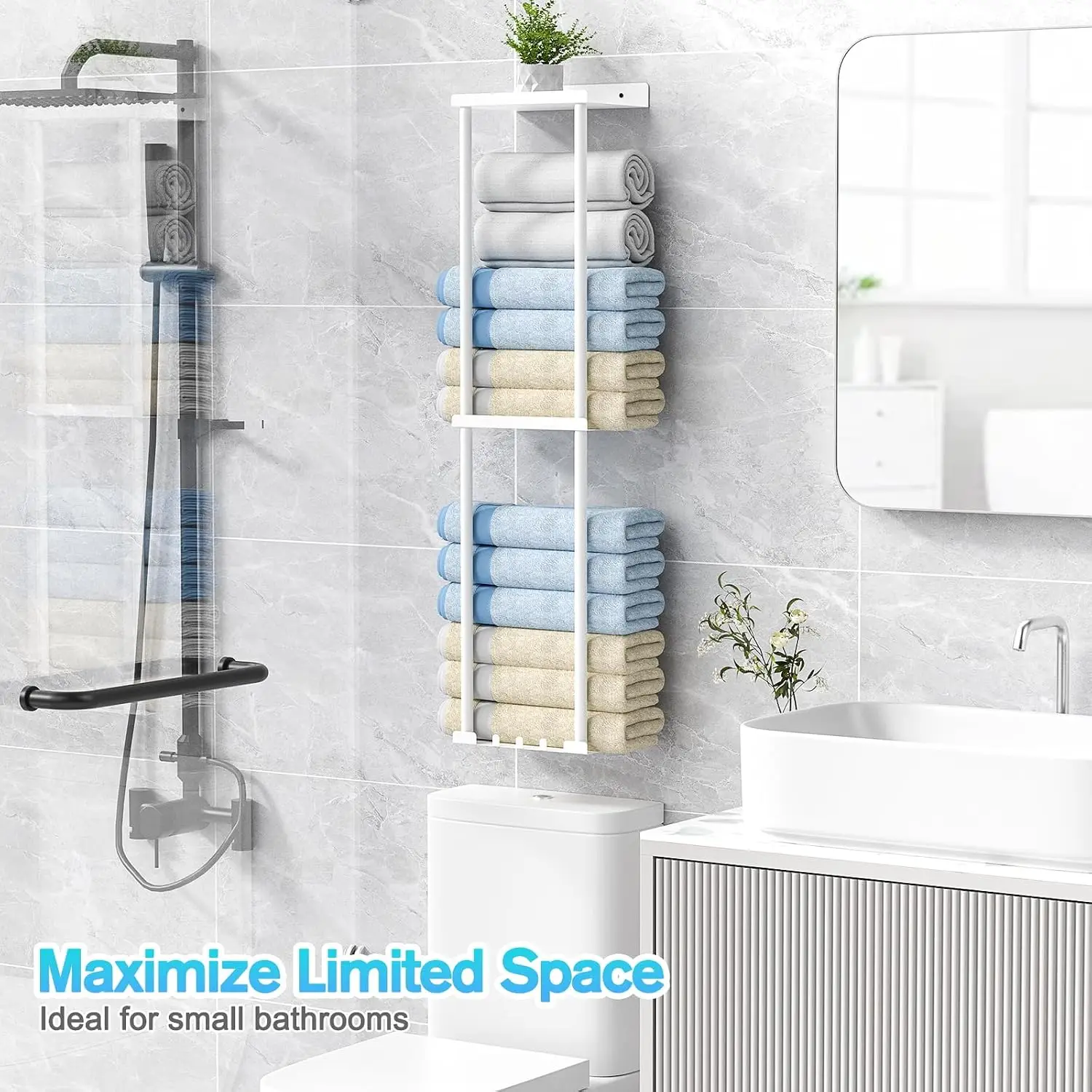 Towel Rack For Bathroom, Wall Mounted Vertical Rolled Towel Storage Organizer Holder With Shelf, Holds Up 6 Large Bath