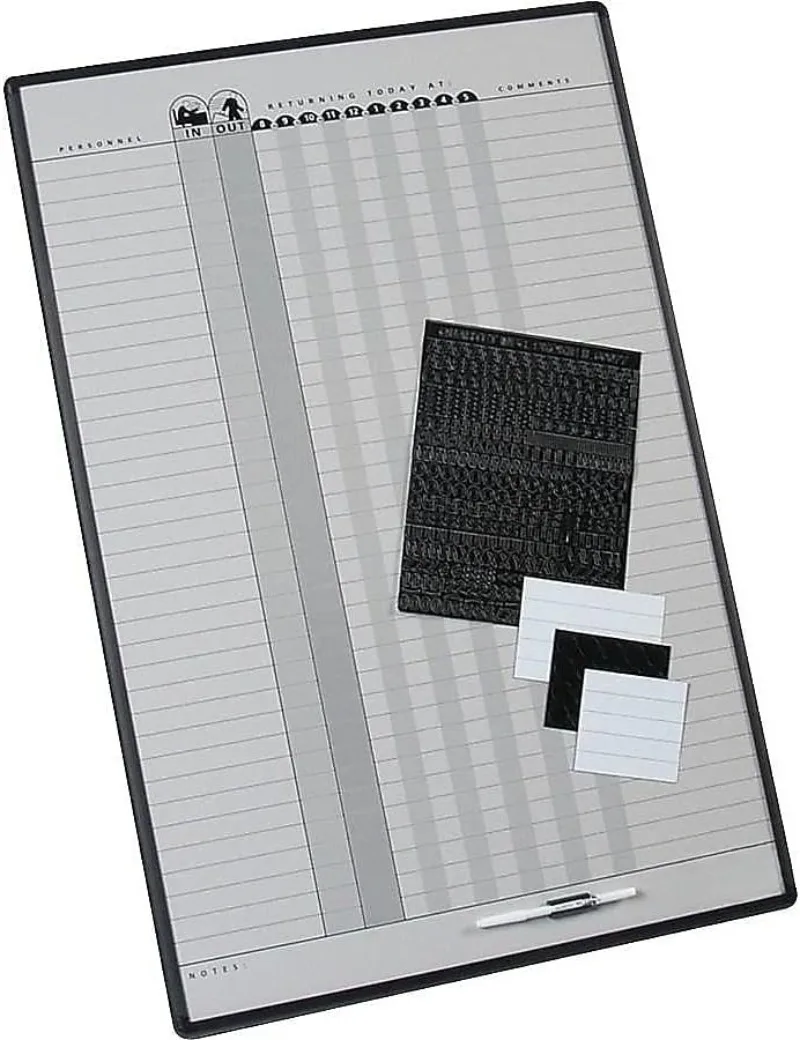 In/Out Board, Magnetic, 3' x 2', Duramax Porcelain Personnel System, 36 Names, Black Aluminum Frame (783G)