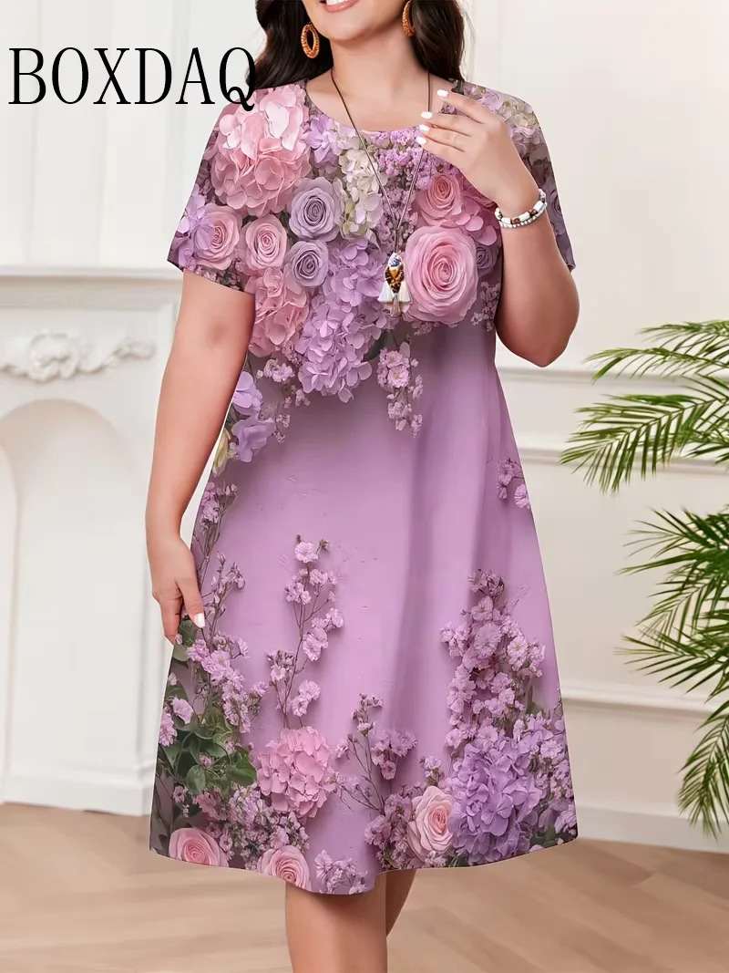 Women Elegant Flower Pattern Mini Dresses Short Sleeve 3D Flower Printed Street Fashion Ladies Dress 6XL Plus Size Loose Dress
