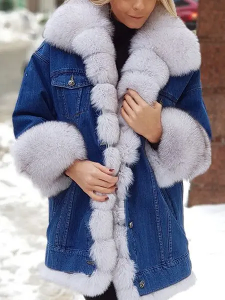 Women Winter Denim Jacket Faux Fox Fur Collar Cuffs Warm Thick Jean Coat Loose Streetwear Casual Fashion Parka Overcoat