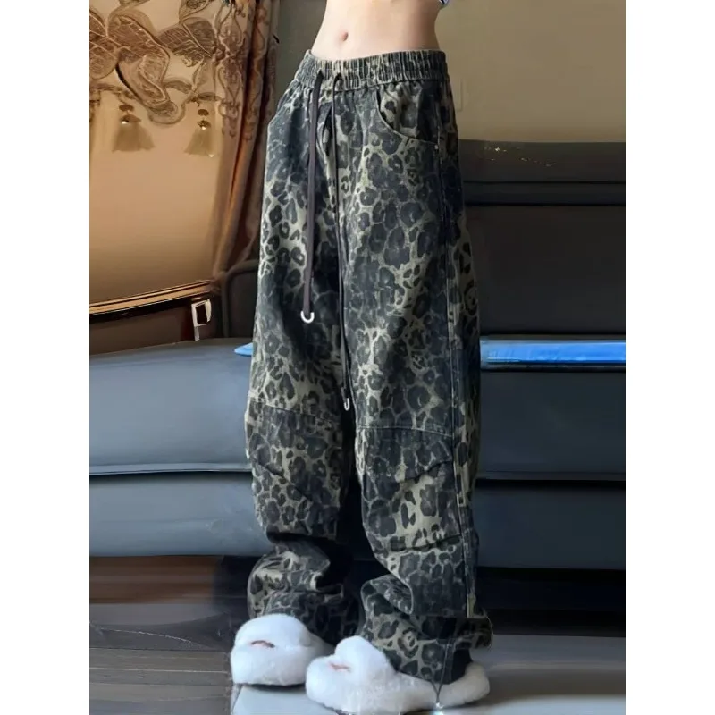 Deeptown Vintage Baggy Leopard Jeans Woman Spring Streetwear Gyaru Harajuku Wide Denim Pants Casual Trashy Y2k Loose Trousers