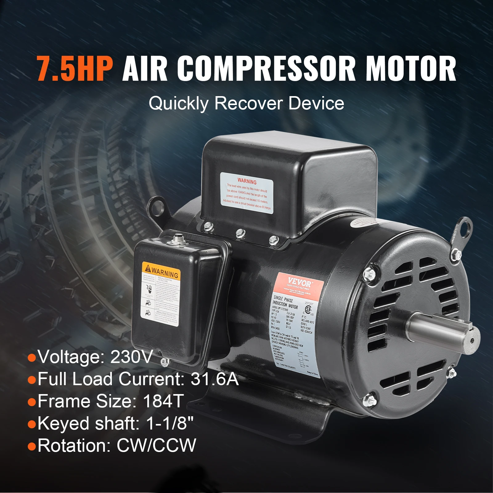 محرك ضاغط الهواء SucceBuy 7.5HP 230 فولت 31.6 أمبير محرك كهربائي أحادي الطور 3450 دورة في الدقيقة 184T إطار لدوران الضاغط CW/CCW