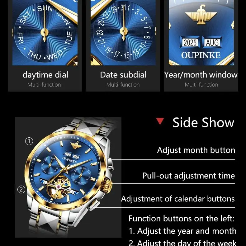 Oupinke 3290 relógio mecânico totalmente automático masculino original multifuncional à prova d'água cronógrafo esqueleto volante relógio masculino