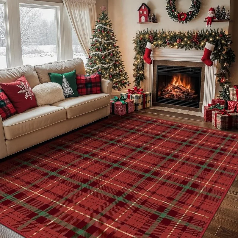Christmas Area Rugs for Living Room Bedroom,Xmas Checkered Plaid