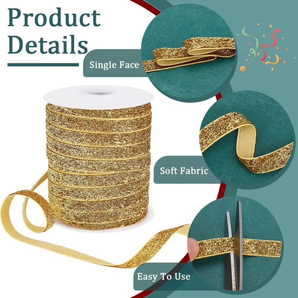 1Roll 50 Yards Metallic Glitter Ribbon Christmas Golden Sparkle Ribbon Decorative Craft Ribbon Single Face Wide Ribbon for Gift