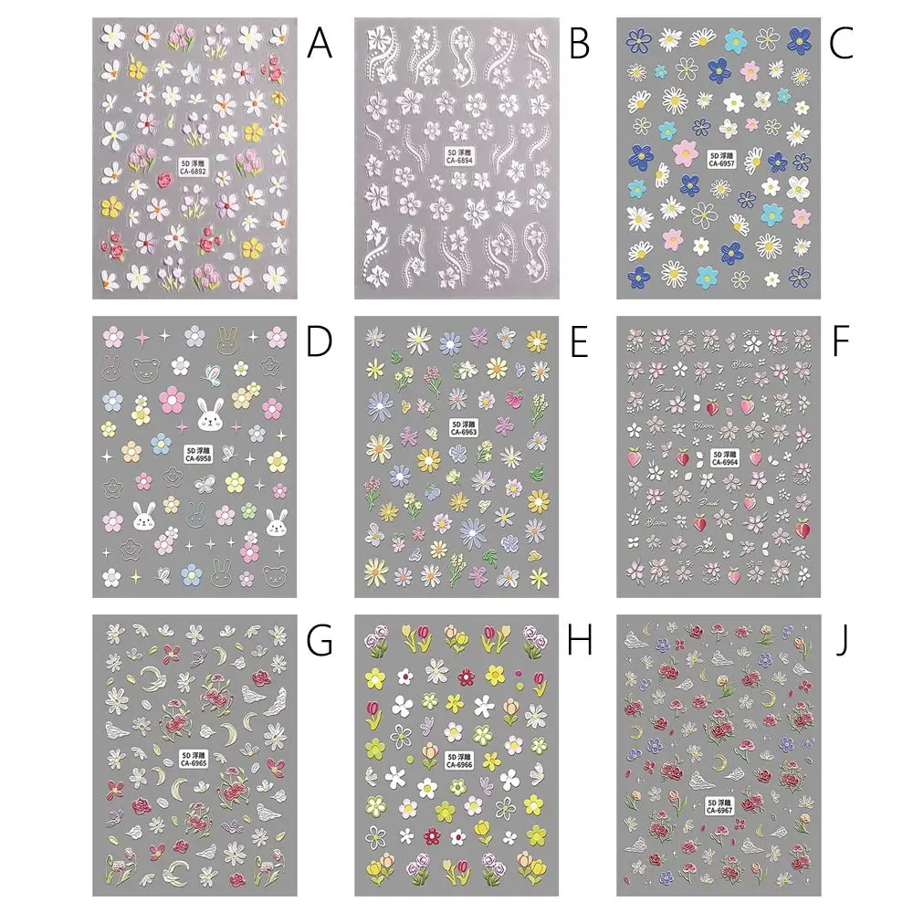 Frühling Ölgemälde Hibiskus Blume Nagel Aufkleber Kleine Blume Relief 5D Geprägte Nail art Aufkleber Blume Geprägt