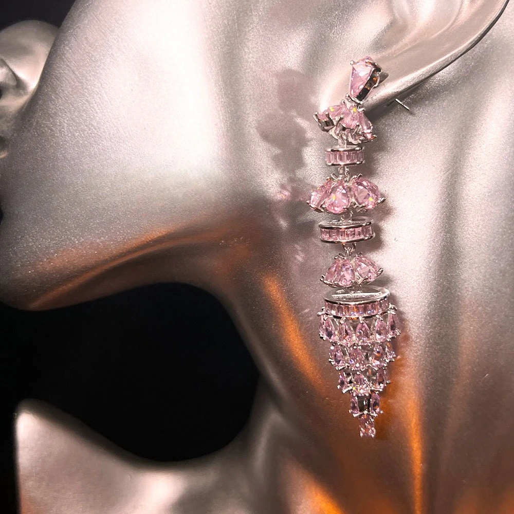 

Statement Drop Earrings with Pink Teardrop Beads Elegant Long Drop Design with Layered Beads for Glamorous Party Romantic Night