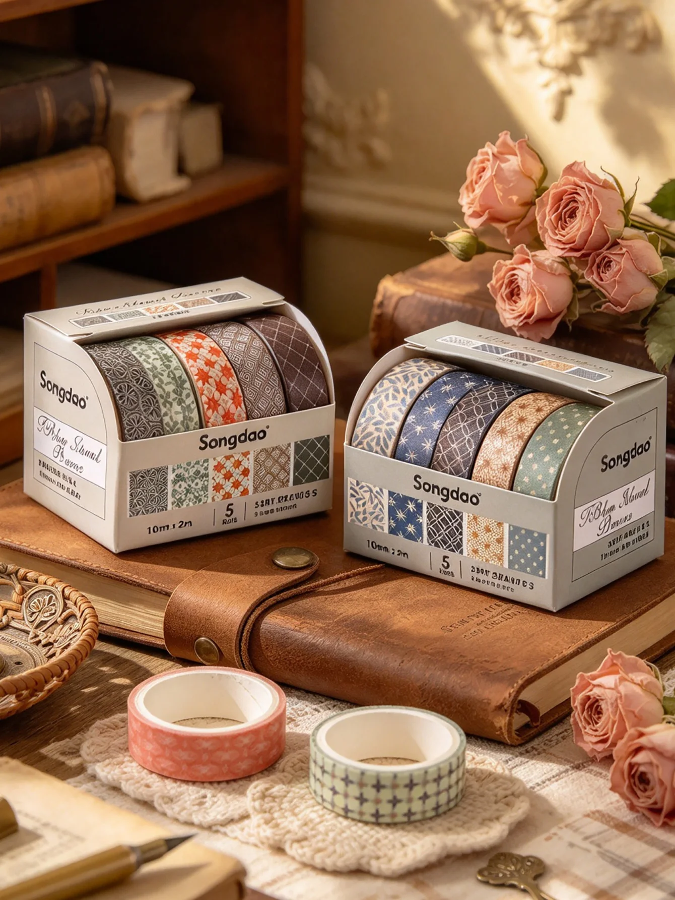 5 Rolls/Box 10mm x 2m Geometric Washi Tape Set Patterned Masking Tape for Journaling Scrapbooking Planners DIY Crafts