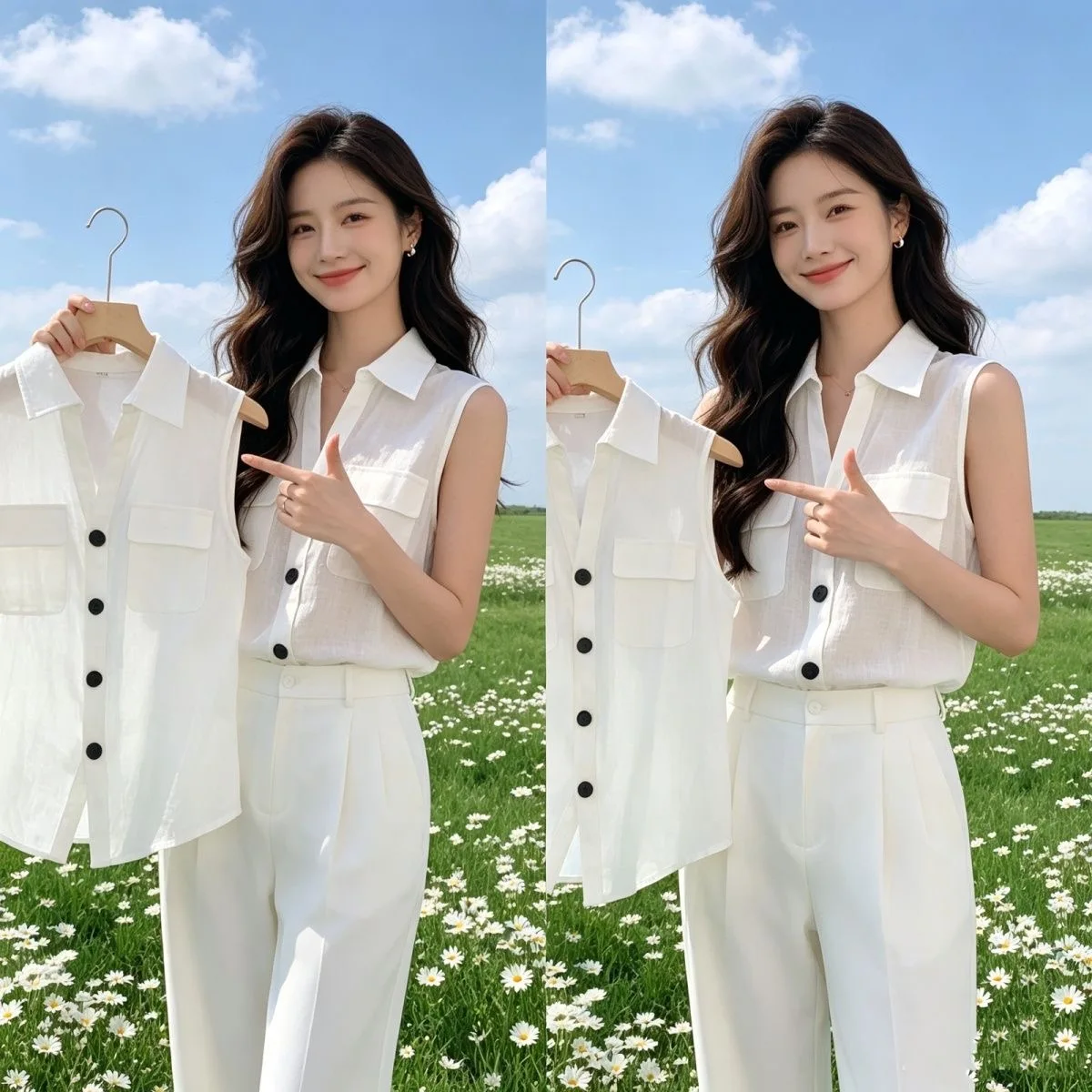 

Retro Thin Sleeveless V-Neck Shirt Women's Summer Loose Top Versatile Upper Body Breathable Polyester Fabric Collar
