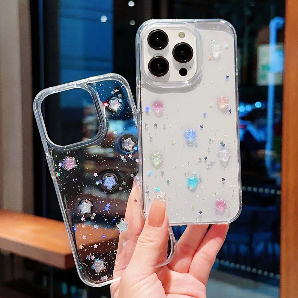 Funda Mini estrella luminosa epoxi 3D para iPhone 16 15 14 13 12 11 Pro Max Plus, funda transparente suave de TPU para PC