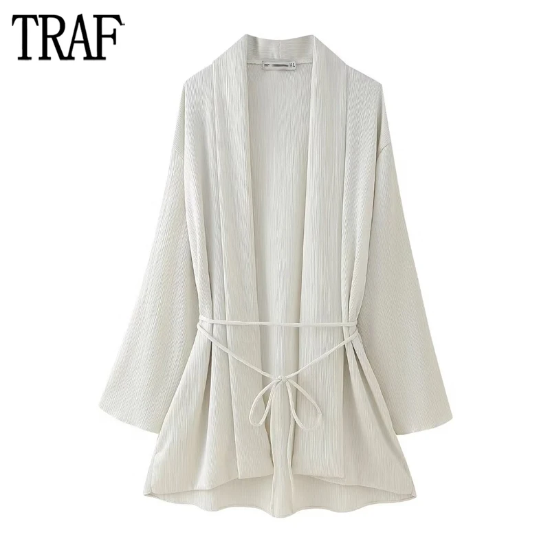 

TRAF 2024 Pleated Kimono Women Tied Open Long Shirt Woman Long Sleeve Shirts and Blouses for Women Summer Casual Blouse Female