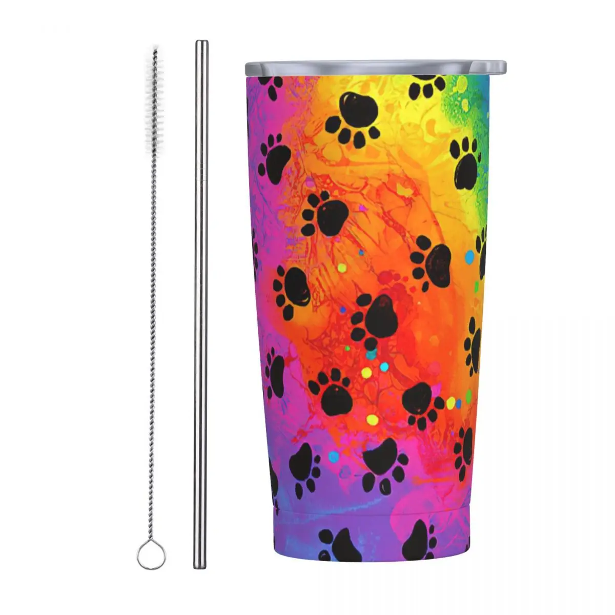 Rainbow Paw 20 Oz Tumbler Dog Cat Vacuum Insulated Coffee Mug with Lid and Straw Stainless Steel Double Wall Mugs Spill Proof