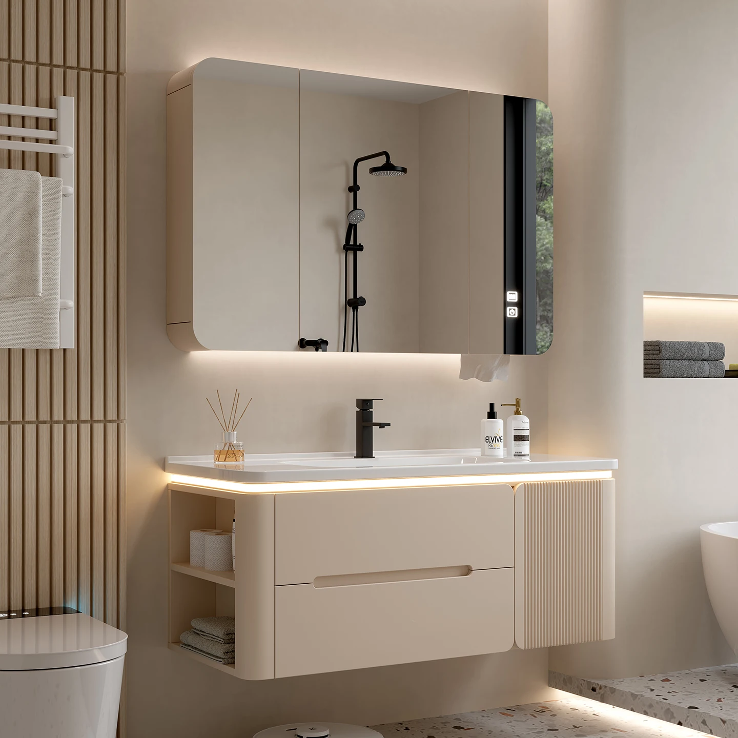 

Cream Wind Solid Wood Bathroom Cabinet Combination Ceramic Integrated Basin Side Cabinet Washbasin Mirror Cabinet Washstand