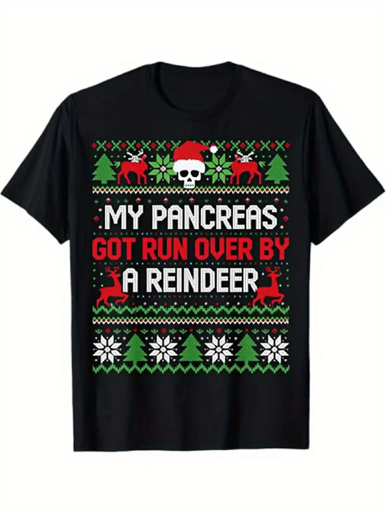 Funny Men's Black Graphic T-Shirt Reindeer Skull Santa Hat Snowflake Tree Bold Holiday Slogan Print 100% Cotton Heavyweight Short Sleeve Casual Streetwear Tee