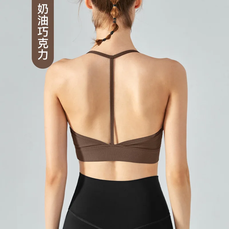 T-shaped back hanging neck strap beautiful back bra shockproof sports bra with chest cushion yoga fitness vest camisoles