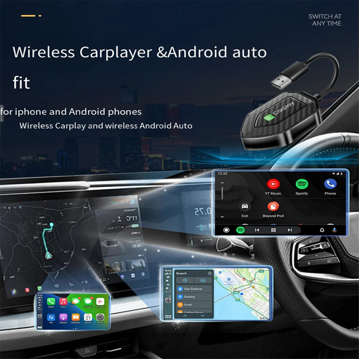 2 in 1 Wireless Adapter Wireless Carplay Android Adapter Android Auto Car Adapter Convert Wired to Carplay Wireless Box