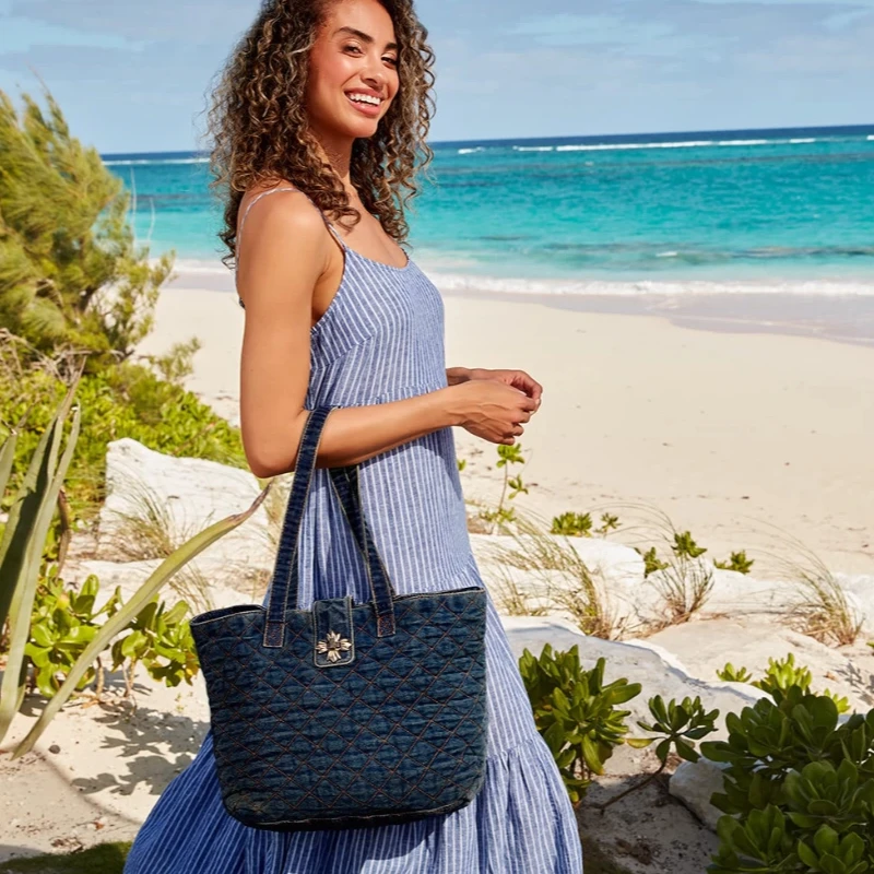 Vintage Tote Bag Women Denim Diamond Quilted Stitch Flower Hardware Handbag Preppy College Large Capacity Casual Shoulder Bag