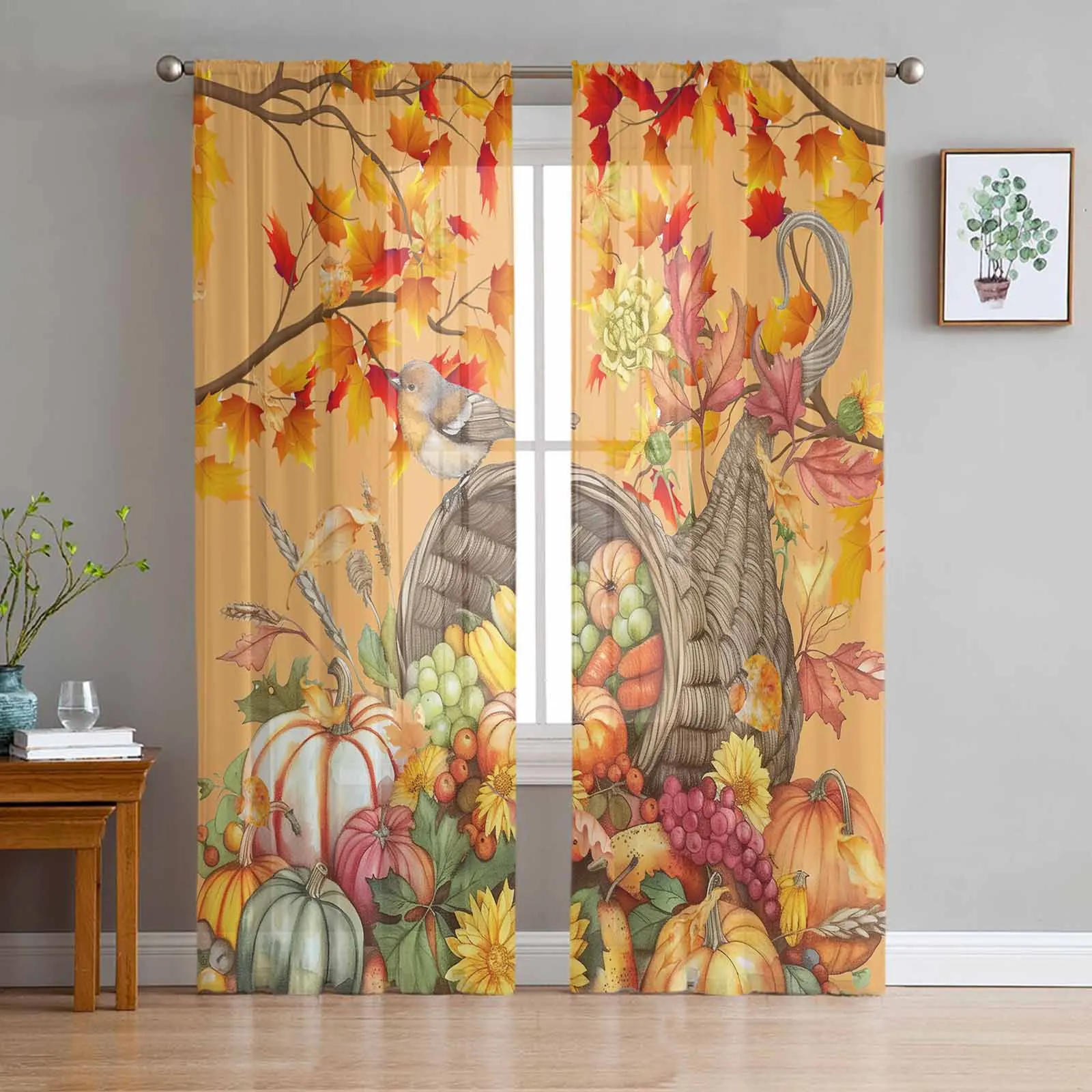 Autumn Pumpkin Maple Leaf Grapes Robin Tulle Curtains for Living Room Bedroom Sheer Voile Curtain Home Decor Kitchen Curtain