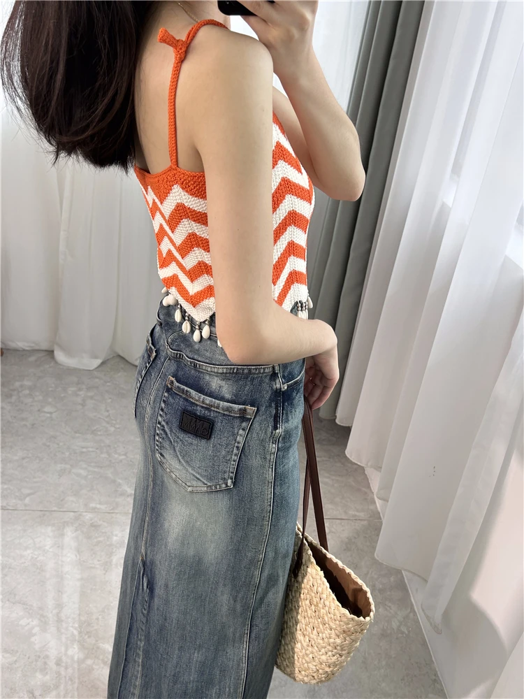 Tank tops for women 2024 High Quality S Home~Autumn New French Fashion Wave Stripe Unique Pendant Knitted Strap Tank Top