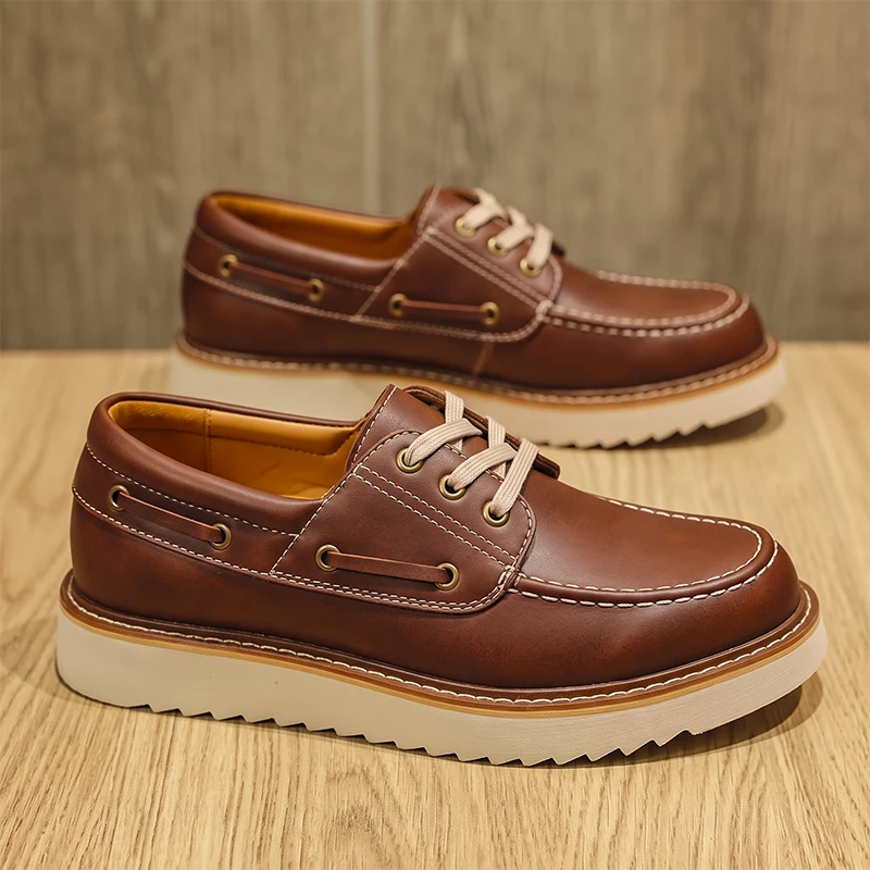 Men's Vintage Second-layer Cowhide Boat Shoes Lace Up Thick Sole Casual Shoes British Style Round Toe Work Shoes Size 38-44