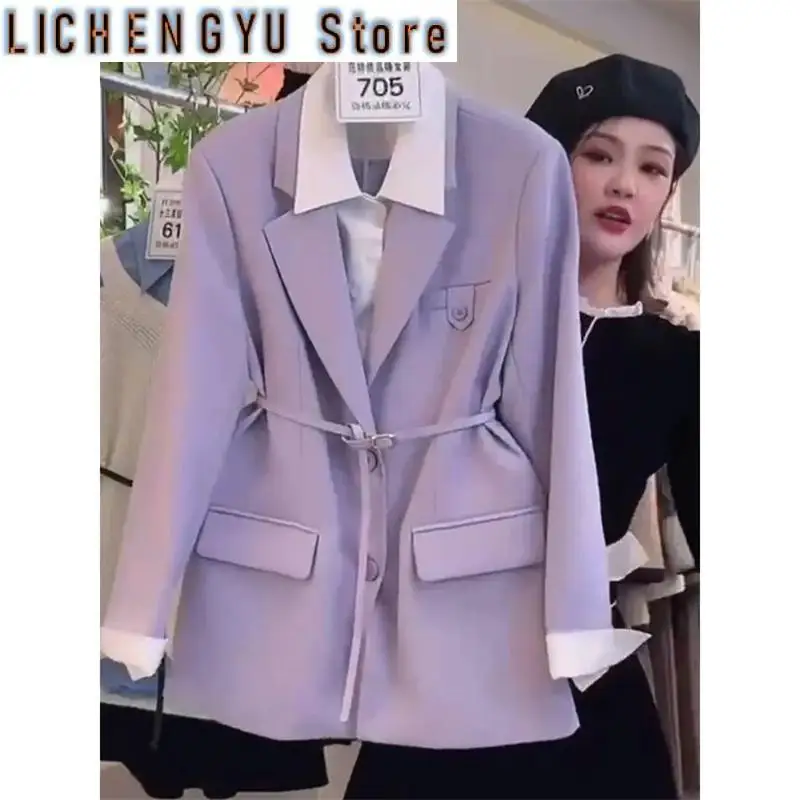 Spring  Autumn New Women\'s Blazer Jacket Long Sleeved Fashion Purple Coat Advanced Sense Fashion Fake Two Suits Female Tops