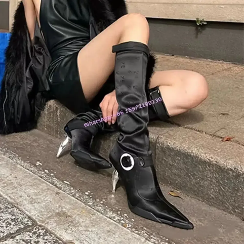 

Dagger Heels Sexy Boots Black Buckle Pointy Toe Metal Strange Style Long Boots Fashion Cool Ladies Knee High Stiletto Shoes