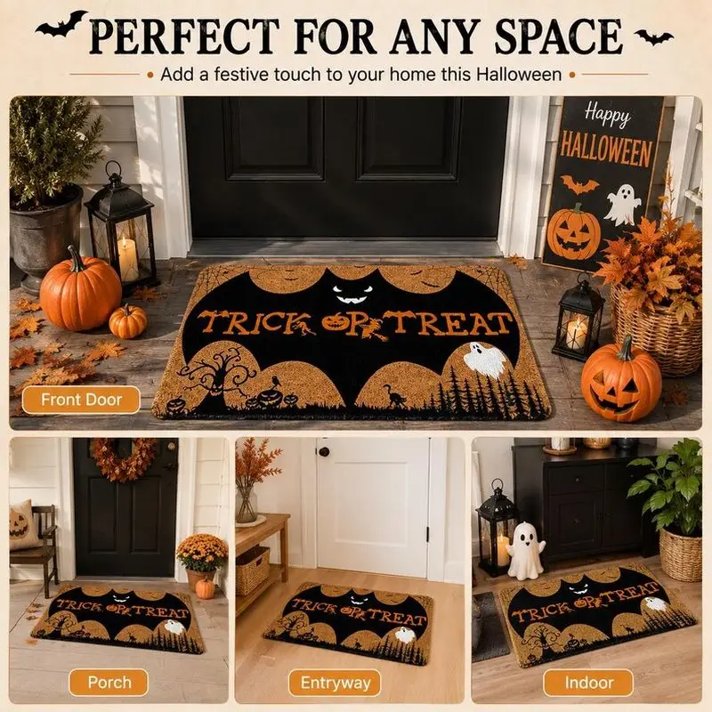 VIKAMA Halloween Trick or Treat Bat Ghost Doormat 2D Print Non‑Slip Pumpkin Entrance Floor Mat For Front Door Holiday Home Decor