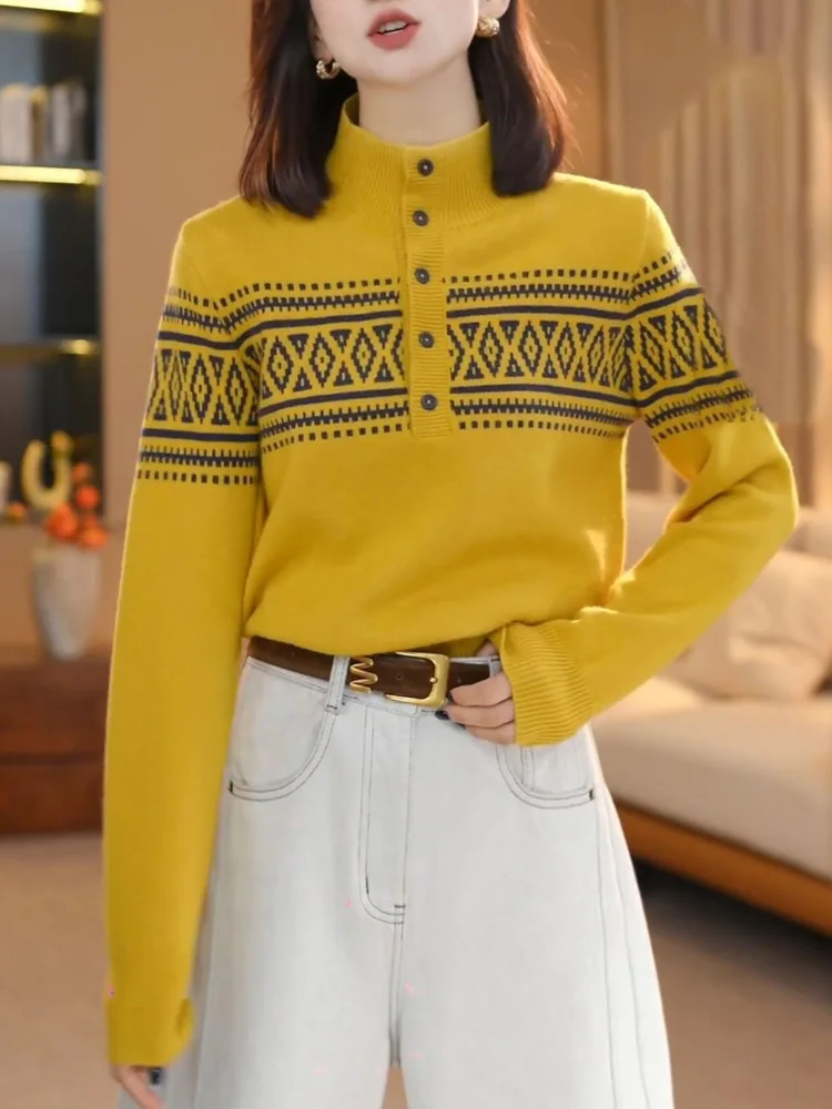 Half High Collar Baggy Knitted Sweater Women's Casual Korean Fashion Bottom Pullovers Button Soft Long Sleeved Knitwear Sueter