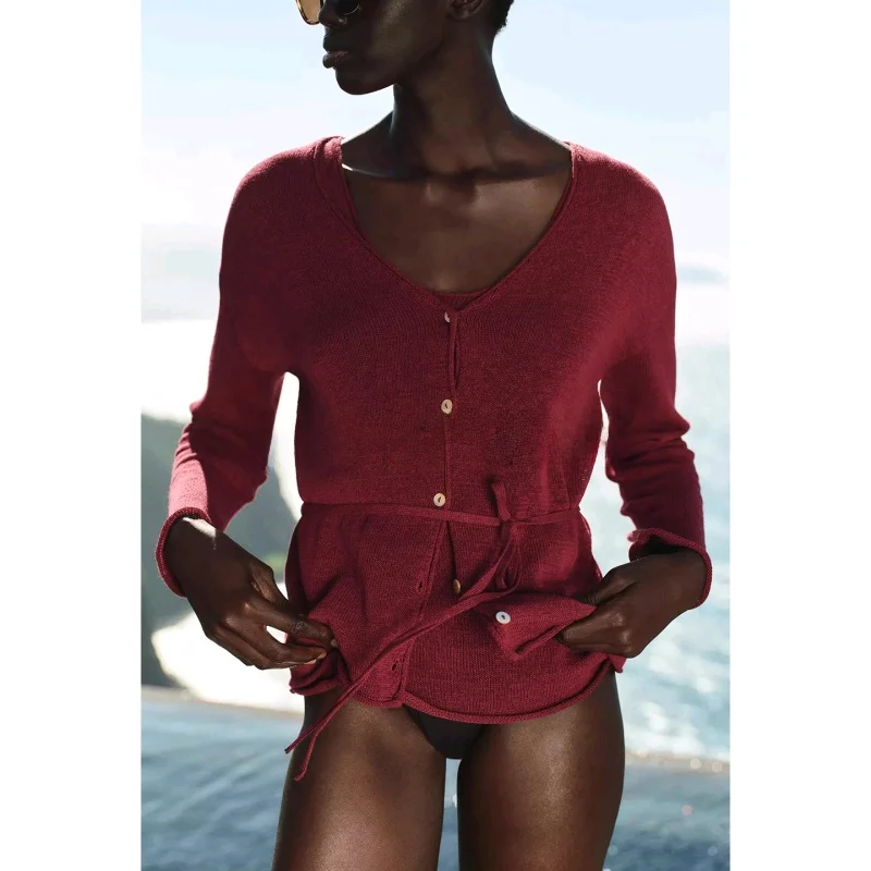

Comfortable Linen Blend Knitted Long Sve V-Ne Outerwear for Women Summer New Arrival American Simple Sle Mixed Fabric